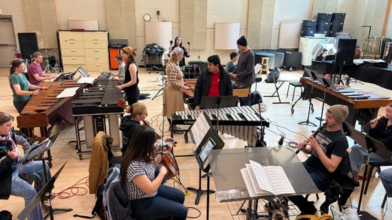Photo of the Vanguard Ensemble rehearsing "Music for 18 Musicians."
