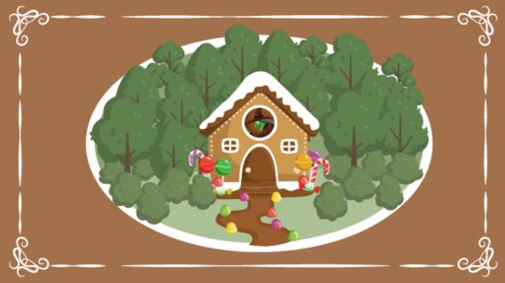 Decorative image to advertise "Hänsel and Gretel." Graphic of a gingerbread house in a forest. A witch is seen in the central window of the house.