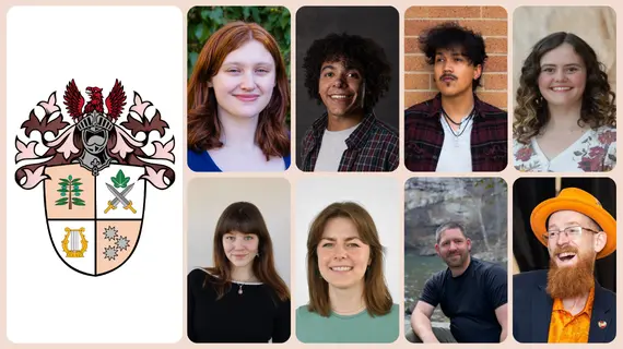 Decorative image that includes the coat of arms for the College of Performing & Visual Arts along with the eight headshots of the 2026 Outstanding Graduates.