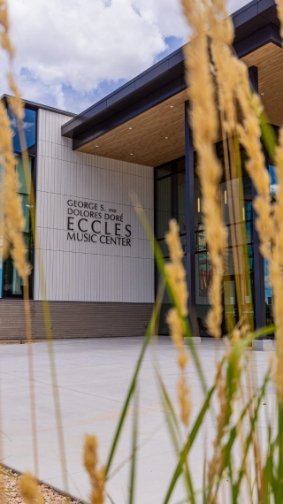 Photo of the southwest entrance of the George S. and Dolores Doré Eccles Music Center.