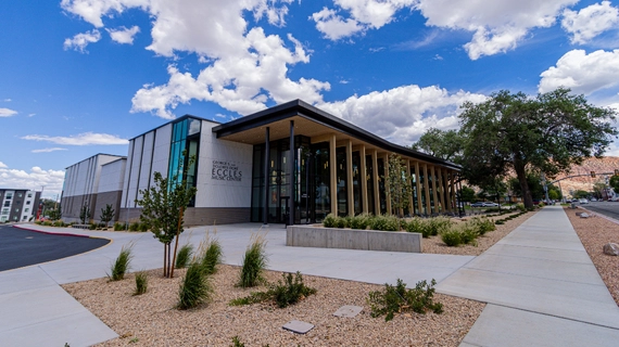 Photo of the southwest entrance of the Eccles Music Center.