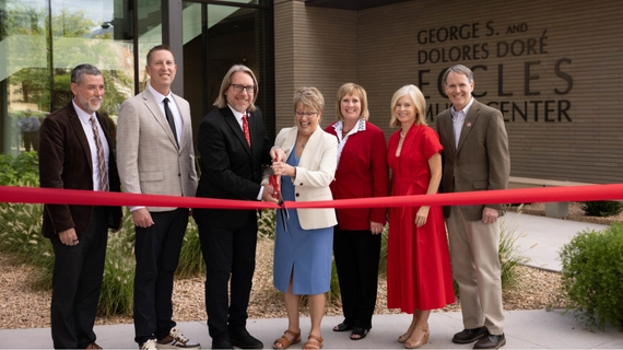 Photo of the speakers at the Eccles Music Center Ribbon Cutting.
