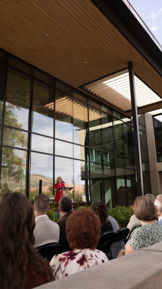 Photo of Lisa Eccles addressing the crowd at the Eccles Music Center Ribbon Cutting.