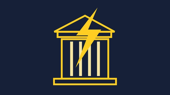 Logo for The Killer Quest. A Greek-style building icon with a lightning bolt.