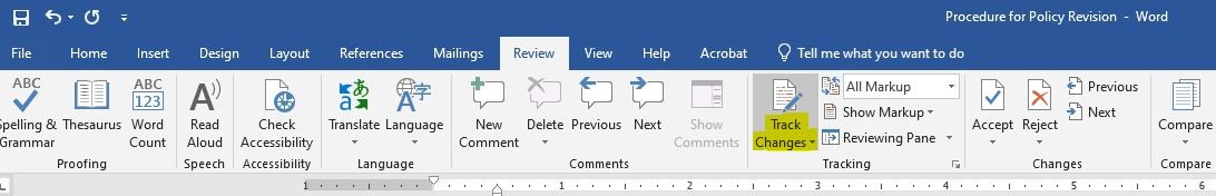 Turning on Track Changes in Microsoft Word
