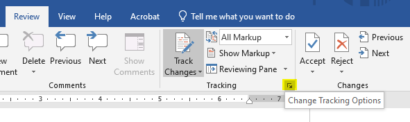 Change Tracking Options highlighted in Microsoft Word