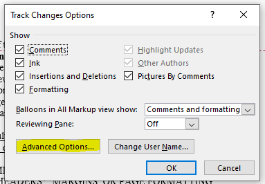 Track Changes Options - Advanced Options in Microsoft Word