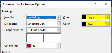 Color settings in Advanced Track Changes Options in Microsoft Word