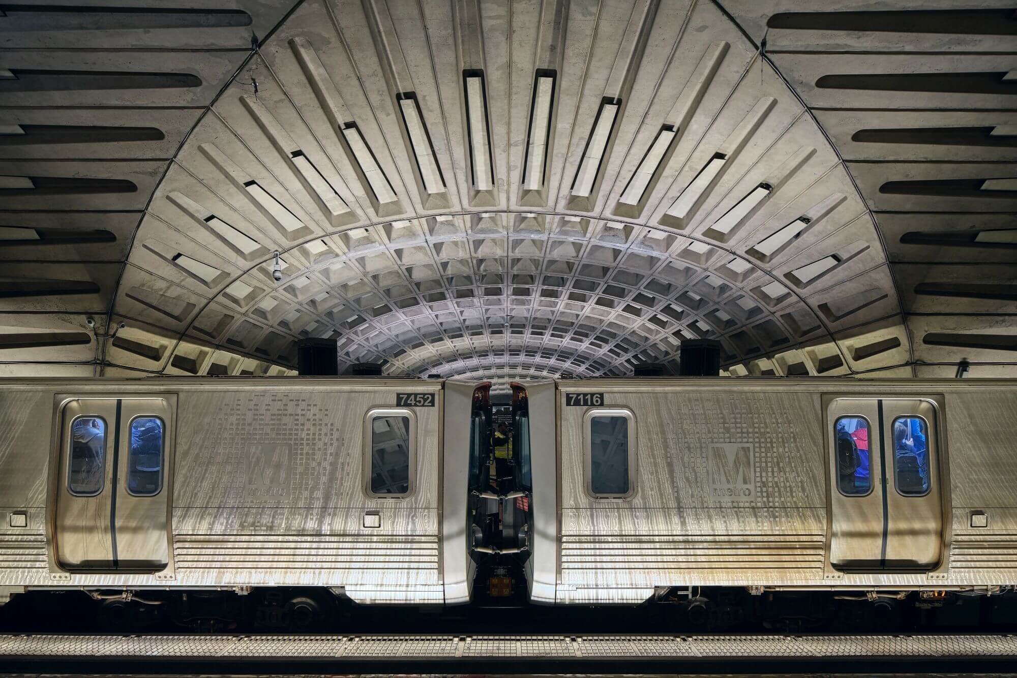 An intersection of subway tunnels in Washington D.C.'s Gallery Place - Chinatown Metro station; Photo by Ty Cole, 2023