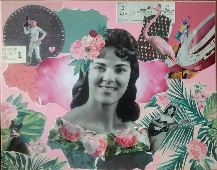 A colorful collage featuring a vintage black-and-white portrait of a smiling woman at the center, decorated with floral patterns and pink roses around her shoulders and hair