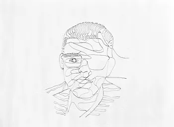 A line-art drawing of a man wearing glasses