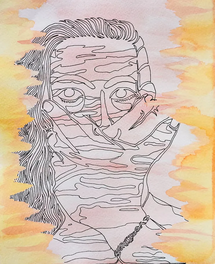 A piece of art with bright colors. It is of an abstract nature, and the subject is a man’s face.