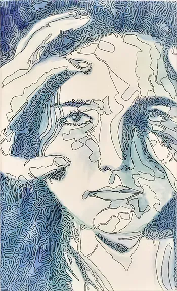 A line-art drawing featuring a person with long hair with hands encircling their face