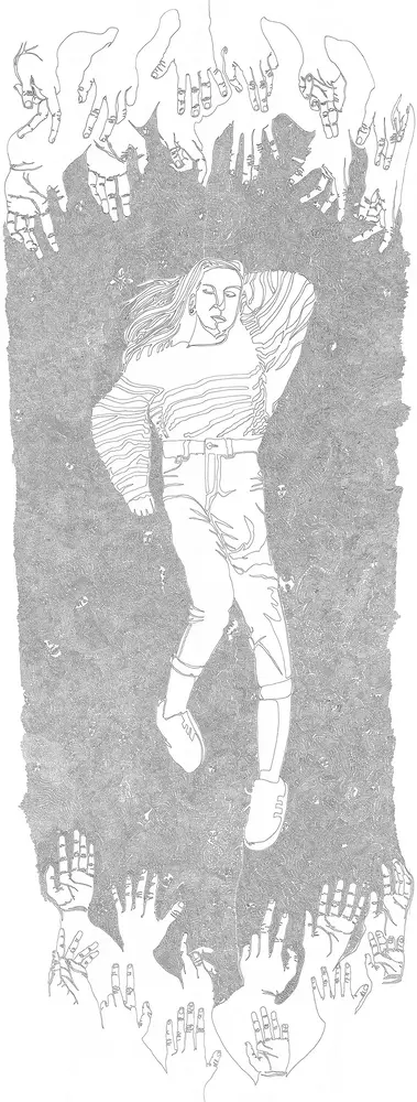 A line art drawing of a person lying down. There are hands outstretched towards the person from the top and bottom of the drawing